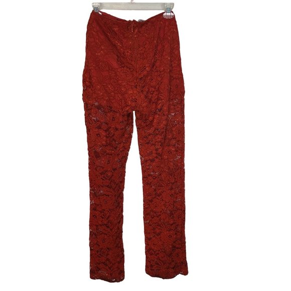 Bebe Womens 4 Red Floral Lace High Rise Sheer Wide Leg Trouser Pants Pockets - Picture 9 of 10